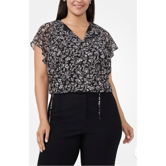 HALOGEN, Plus 3X, Black White‎ Flutter Sleeve Split Neck Top Floral Blouse, NWT - Picture 3 of 14